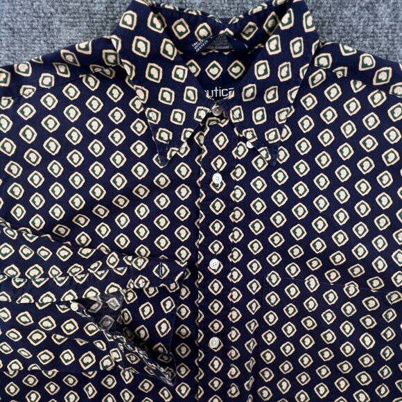 Nautica Button Up Shirt Large Adult Blue Geometric Pattern Collared Men's - Picture 1 of 8